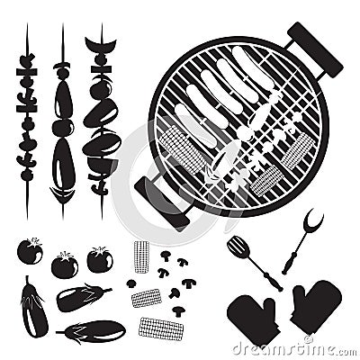 Set of grilled vegetables and Grill Vector Illustration