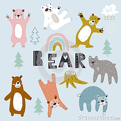 Set of Grizzly bears.Creative scandinavian style kids. Cute polar Teddy bear. cartoon hand drawn vector illustration. Vector Illustration