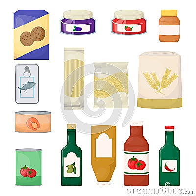 Set of grocery. Product. Jam, oil, pasta, flour, cookie and canned. Cartoon vector Vector Illustration