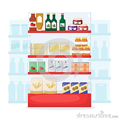 Set of grocery. Product on supermarket shelves. Food store interior. Jam, oil, pasta, flour cookie and canned Cartoon vector Vector Illustration