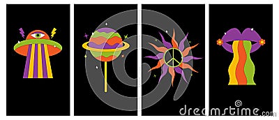 Set of groovy hipie vertical posters in 60s.70s stayle. Vector icons: sun,lips with rainbow,spaceship, planet. Vector Vector Illustration