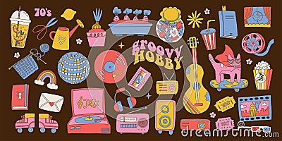 Set of groovy hobby objects. Hippie retro elements. Collection of cute 80s, 90s nostalgia stickers. Vintage cinema Vector Illustration