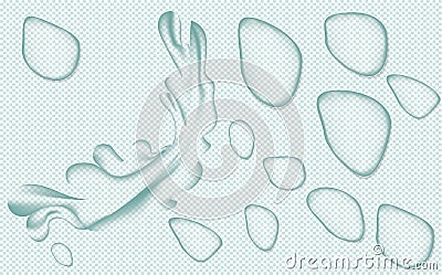 Set, group, collection clear water drops and splash on blue background. 3D Vector illustration Vector Illustration