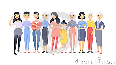 Set of a group of different asian american women. Cartoon style characters of different ages. Vector illustration people Cartoon Illustration