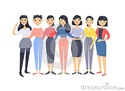 Set of a group of different asian american women. Cartoon style characters. Vector illustration people Cartoon Illustration