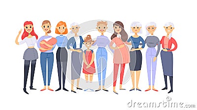 Set of a group of different caucasian women. Cartoon style european characters of different ages. Vector illustration american Vector Illustration