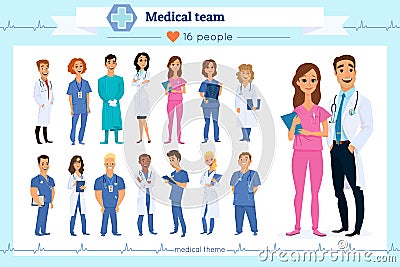 Set of group doctors, nurses and medical staff people,isolated on white.Different nationalities.Flat style.Hospital medical team Stock Photo