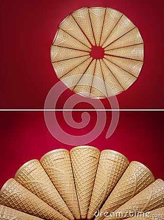 Set of a group of empty waffles cones on red background Stock Photo