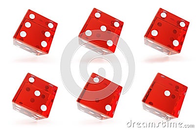 Set, Group of red transparent dice isolated on white background with shadows. 3d rendering Stock Photo