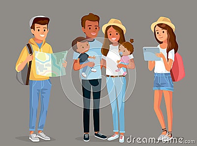 Set group of young tourists traveling people with travel bag backpack and map Vector Illustration