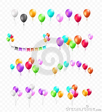 Set of Groups and Bunches of Colorful Helium Balloons on Transparent Background Vector Illustration