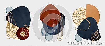 Set of groups of watercolor geometric shapes, golden lines, splashes and stains, water drops. Abstract illustration and modern Cartoon Illustration