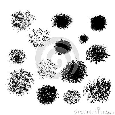 Set of 14 grunge black abstract textured blots vector shapes. Vector Illustration