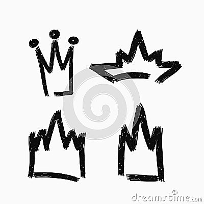 Set of grunge crowns drawn by hand. Collection icons painted with watercolor brush. Vector illustration. Vector Illustration