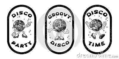 Set of grunge printouts with cartoon disco ball Vector Illustration