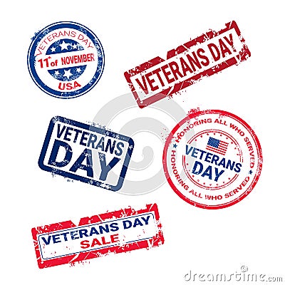 Set Of Grunge Rubber Stamps With Veteran Day Badge On White Background, Usa Holiday Retro Labels Collection Vector Illustration