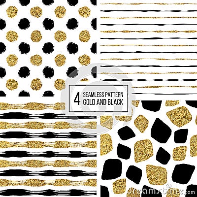 Set of grunge seamless pattern black gold stripes, polka dots, mosaic spots Vector Illustration
