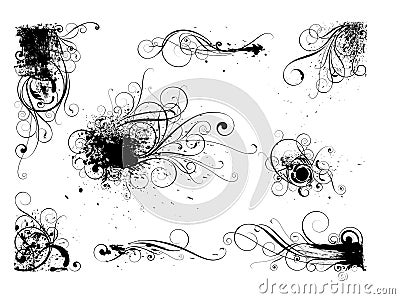 Set of grunge splash ink floral designs Vector Illustration