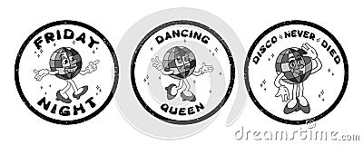 Set of grunge stamps cartoon disco ball characters Vector Illustration