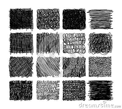 Set of grunge textures with pencil, pen. scribble thin line, squares with different hatching, engraving. Set of Vector Illustration