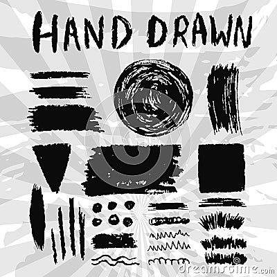 Set of grungy ink textures. Vector brush and banners hand drawn template. Vector Illustration