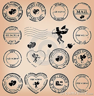 Set - grungy post stamps with angels and hearts Vector Illustration