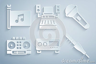 Set Guitar amplifier, Microphone, DJ remote and mixing music, Audio jack, Music recording studio and festival flag icon Vector Illustration