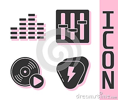 Set Guitar pick, Music equalizer, Vinyl disk and Sound mixer controller icon. Vector Vector Illustration