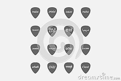 Set of guitar plectrums with the word hello in different langua Stock Photo