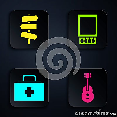 Set Guitar, Road traffic signpost, First aid kit and Open matchbox and matches. Black square button. Vector Vector Illustration