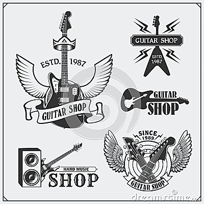 Set of guitar shop labels, emblems, badges and music icons. Vector Illustration