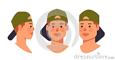 Set guy in cap head avatar front side view male character different views for animation horizontal Vector Illustration