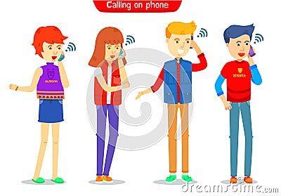 Set of guy and girl character calling on the phone with signal symbol, Male and female be on the phone, calling smartphone, They Vector Illustration