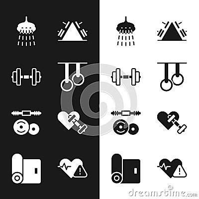 Set Gymnastic rings, Dumbbell, Shower, Metal rack with weight, Barbell, heart, Heart rate and Fitness mat roll icon Vector Illustration