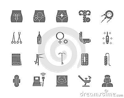 Set of Gynecology Grey Icons. Thermometer, Pregnancy Test, Tampon and more Vector Illustration