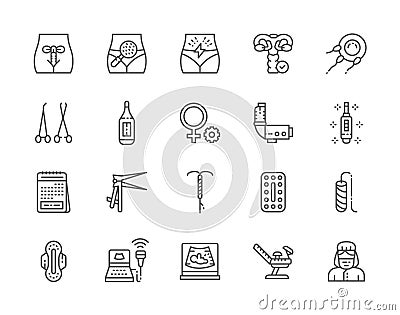 Set of Gynecology Line Icons. Thermometer, Pregnancy Test, Tampon and more Vector Illustration