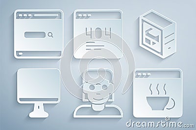 Set Hacker or coder, Computer, monitor screen, Software, Page with 404 error and Search engine icon. Vector Vector Illustration