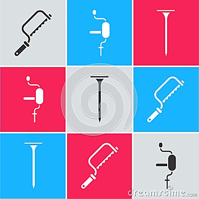 Set Hacksaw, Hand drill and Metallic nail icon. Vector Vector Illustration