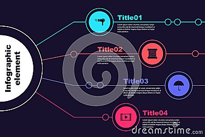 Set Hair dryer, Paper scroll, Umbrella and Play Video. Business infographic template. Vector Vector Illustration