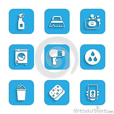 Set Hair dryer, Sponge, Gas boiler, Water drop, Bucket with soap suds, Washer, Bar of and Cleaning spray bottle icon Vector Illustration