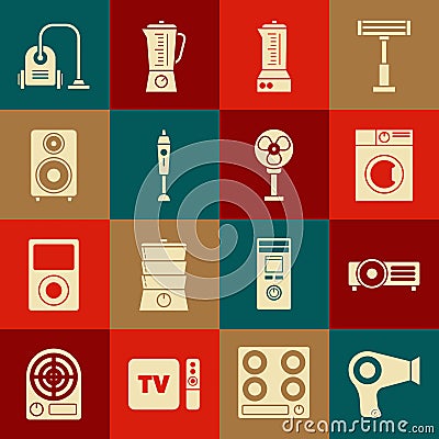 Set Hair dryer, , Washer, Blender, Stereo speaker, Vacuum cleaner and Electric fan icon. Vector Vector Illustration