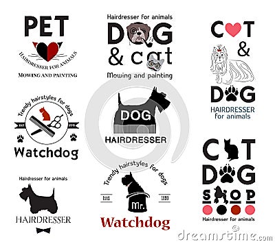 Set hair salon for animals logo, labels, badges and design element. Vector Illustration