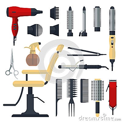 Set of hairdresser objects in flat style isolated on white background. Hair salon equipment and tools logo icons, hairdryer, comb, Stock Photo