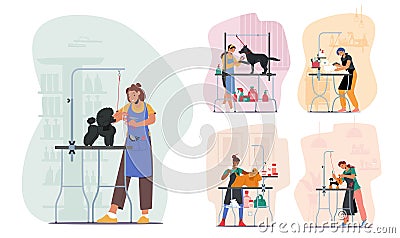 Set of Hairdressers Characters Care of Dogs Cut Wool and Talons, Drying and Combing in Salon for Pets. Groomers Service Vector Illustration