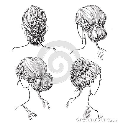 Set of hairstyles. Bridal hairdo. Hand drawn. Vector Illustration