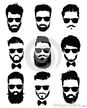 Set of hairstyles for men in glasses. Collection of black silhouettes of hairstyles and beards. Vector illustration for Vector Illustration