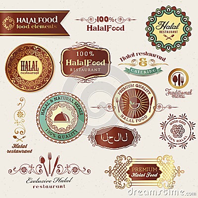 Set of Halal food labels and elements Vector Illustration