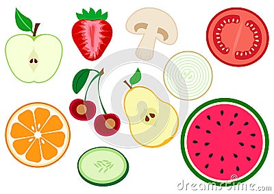 Set of half fruits and vegetables. Apple, strawberry, mushroom, tomato, onion, pear, cherry, orange citrus, cucumber, watermelon. Cartoon Illustration