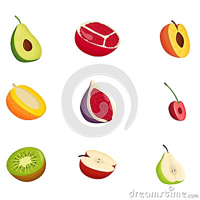 Set of half fruits. Vegetarian food, healthy eating concept. Avocado, pomegranate, peach, mango, fig, cherry, kiwi Vector Illustration