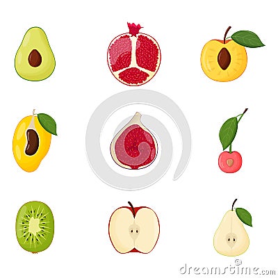 Set of half fruits. Vegetarian food, healthy eating concept. Avocado, pomegranate, peach, mango, fig, cherry, kiwi Vector Illustration